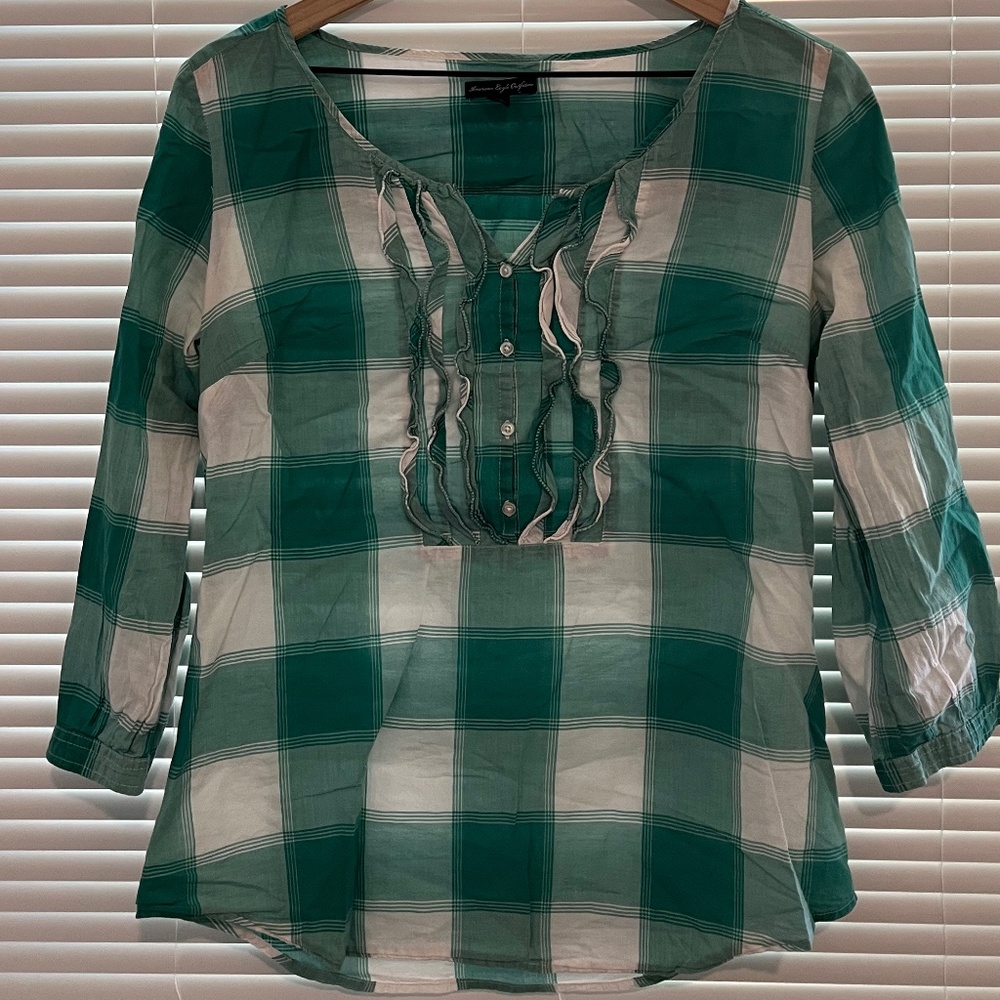 American Eagle Outfitters Green & White Gingham Blouse